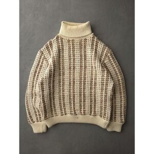 Vintage Handmade Beige Striped Wool Chunky Knit Turtleneck Sweater Men's M